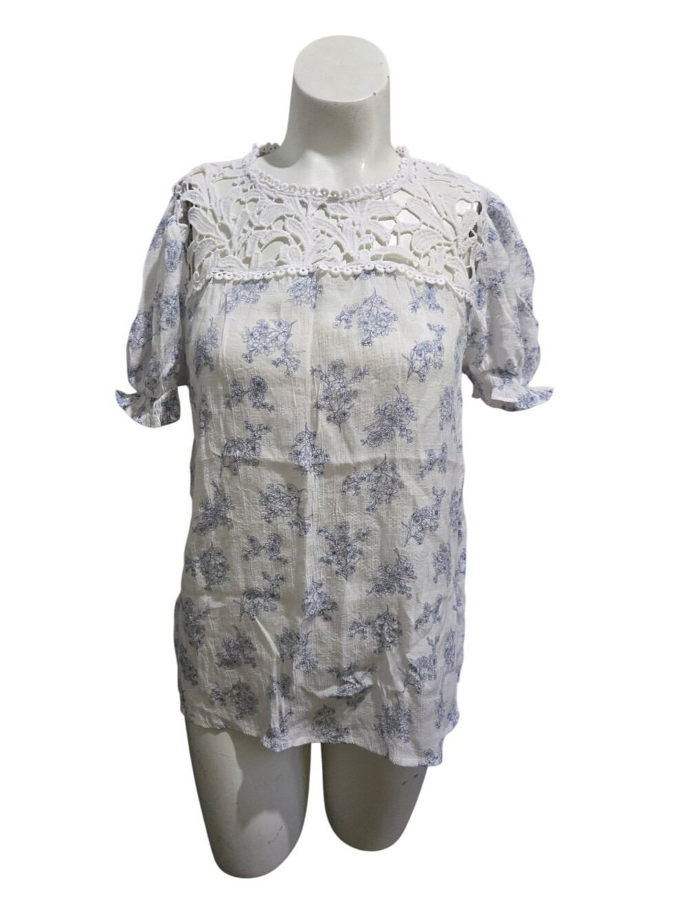 mine White & Blue Floral Crochet Yoke Blouse Cottagecore
